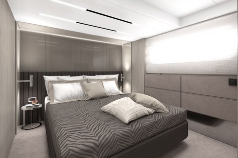 The GUEST CABIN is equipped with a double storage bed with memory foam mattresses, the cabin is placed in a longitudinal direction, to give the best comfort. The bed is framed by its leather headboard, made of chrome steel details